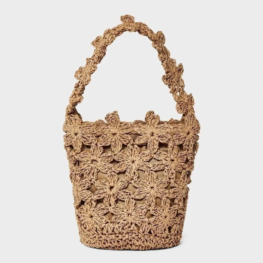 Straw Mini Floral Bucket Bag - a New Day™ Beige: Woven Paper Straw, Magnetic